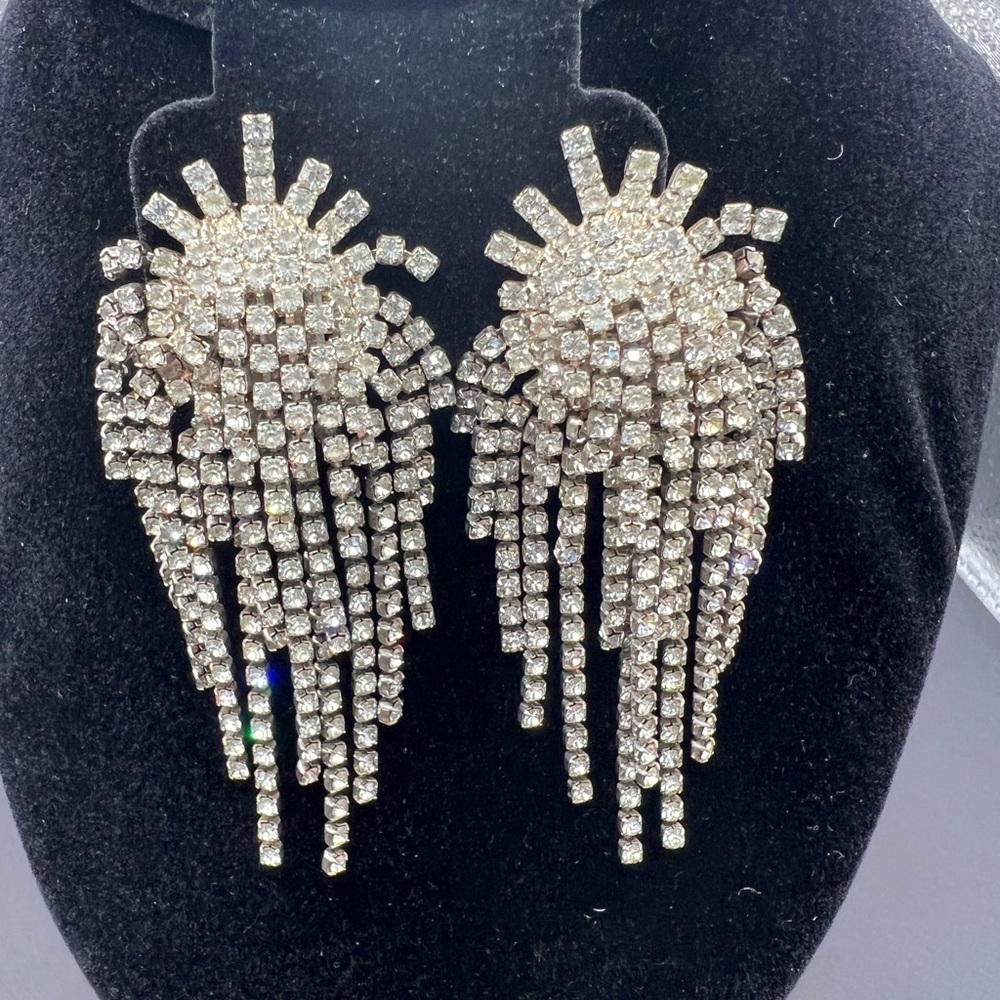Vintage 1920s Style Rhinestone Fringe Clip Earrings Art Deco Statement 3.5” Drop